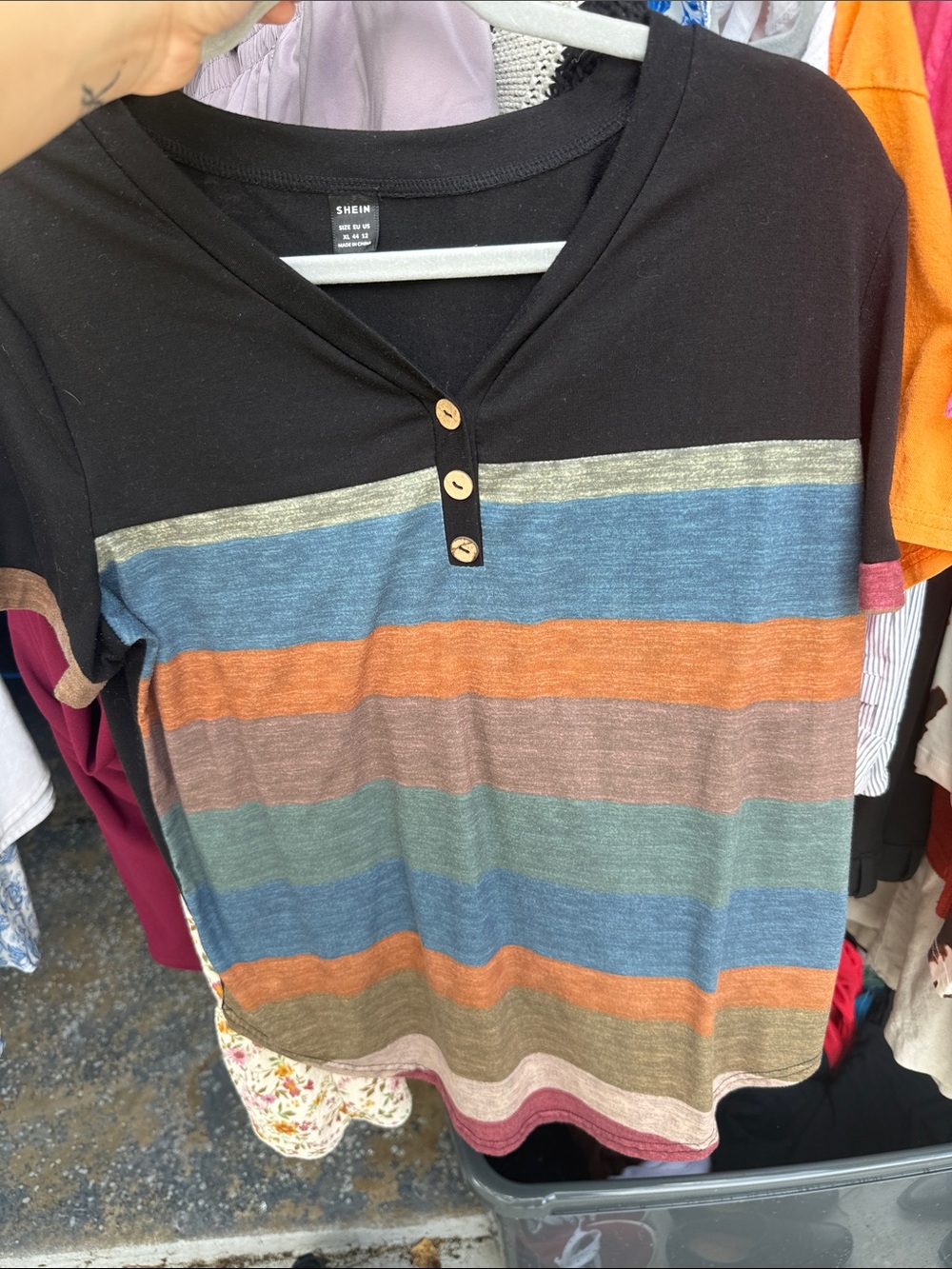 SHEIN Black Multicolor Horizontal Stripe Henley Tee